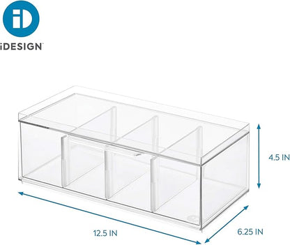 iDesign XL Tea Bag Organizer for Counter, 4-Section Clear Stackable Tea Storage Drawer for Cabinet
