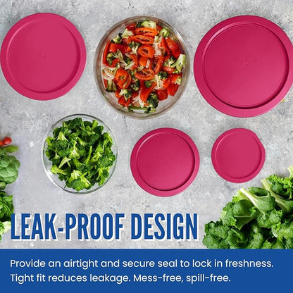 Replacement Lids fits Pyrex 2-Cup Glass Food Storage Container Bowls, 5-Inch Plastic Round Lids Covers for Pyrex 7200-PC, Airtight & Leakproof (6-Pack, Fuchsia)