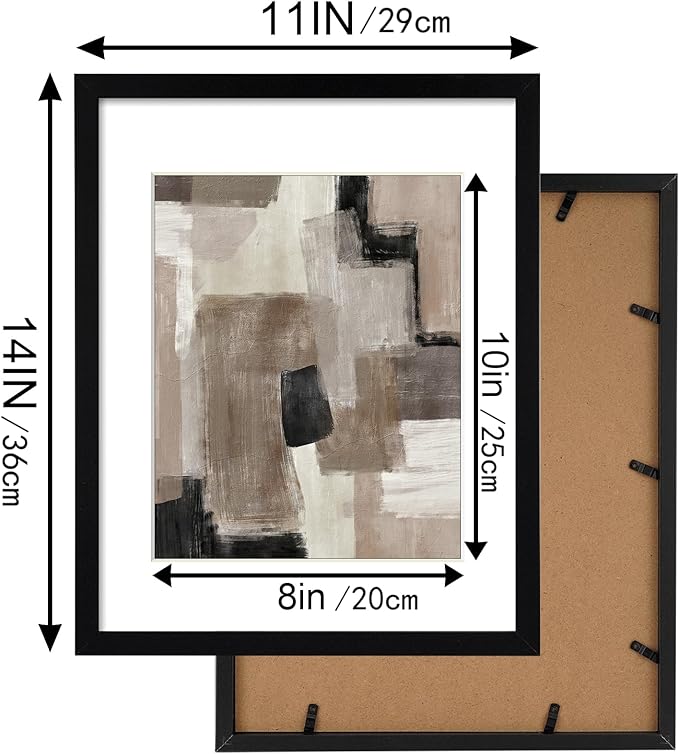ArtbyHannah 11x14 Inch Black Framed Abstract Wall Art Set of 3 with Brown Black Tan Blocks for Wall Decor, Extra Art Prints of Botanical Included