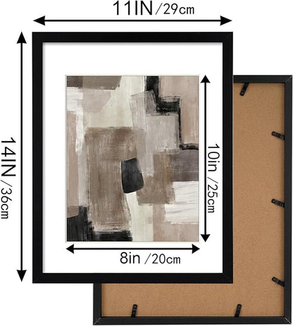 ArtbyHannah 11x14 Inch Black Framed Abstract Wall Art Set of 3 with Brown Black Tan Blocks for Wall Decor, Extra Art Prints of Botanical Included