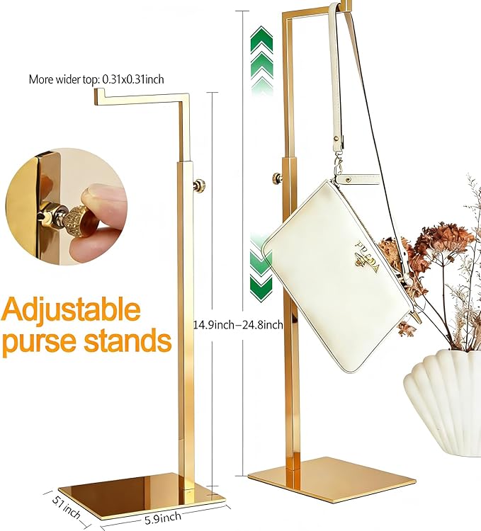 Gold Purse Display Stand, 2 Pack Handbag Display Stand Adjustable Height Stainless Steel Stability Non-slip Base,22lbs Large Bags Display Rack Luxury Purse Holder for Table Retail Closet