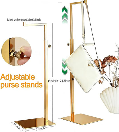 Gold Purse Display Stand, 2 Pack Handbag Display Stand Adjustable Height Stainless Steel Stability Non-slip Base,22lbs Large Bags Display Rack Luxury Purse Holder for Table Retail Closet