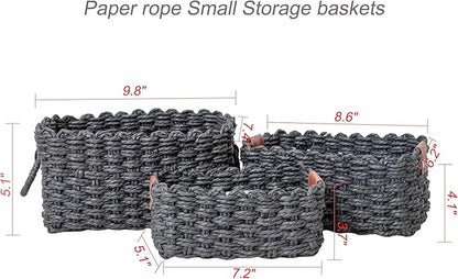Paper rope Small Storage baskets for Organizing,Cute woven Little basket for Home，Shelves, Bathroom,Decorative basket,Set of 3 (Black)