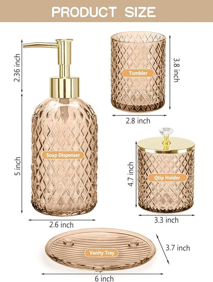 Haturi Amber Brown Bathroom Accessories Set, 4Pcs Glass Bathroom Accessory Set Complete w/Soap Dispenser, Toothbrush Holder, Qtip Holder, Soap Dish, Gold Bathroom Decor Sets, Gift for Home Apartment