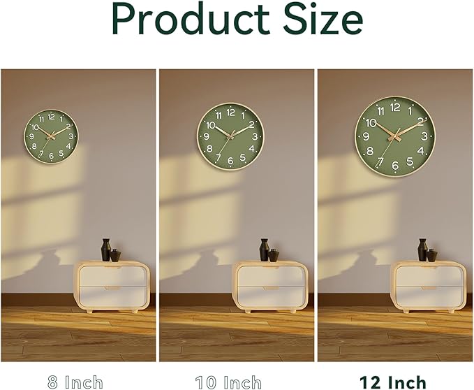 Roymnie Wall Clock 12 Inch Silent Green Wall Clocks Battery Operated- Modern Non Ticking Analog Clock Decorative for Living Room Bedroom Office Kitchen(Gold)