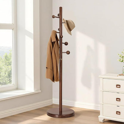 Coat Rack Stand Solid Wooden Coat Tree with 9 Cute Ball Hooks, 72.4" Heavy Duty Coat Rack Freestanding with Round Base, Rubberwood Coat Hanger Stand for Hallway, Entryway Bedroom (Walnut)