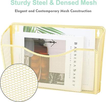 EASEPRES 3 Single Pocket Mesh Hanging File Organizer, Vertical Wall Mounted Magazine File Holder, Mount Basket Mail Paper Document Folder Organizing for Office, Home and School, Gold