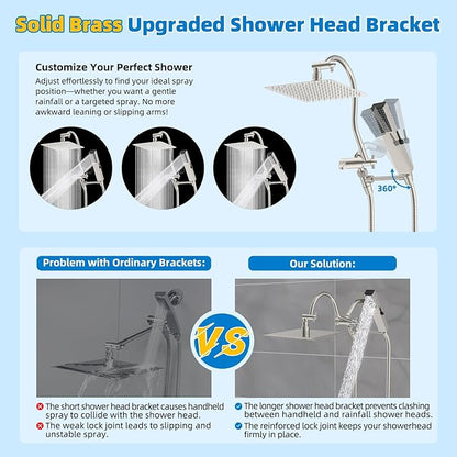 Hibbent All Metal cUPC Certified Shower Head, 8'' High Pressure Rainfall Showerhead Combo, Handheld Shower Wand, 12'' Adjustable Extension Arm, 4-Spray, 71'' Hose, Shower Holder, Brushed Nickel