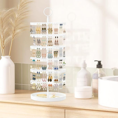 iDavosic.ly 6 Tier Rotating Earring Holder Organizer with Metal Tray, Adjustable Plastic Dangle Display Stands Tree with 342 Grooves, Large Hoop Storage Rack Tower, White