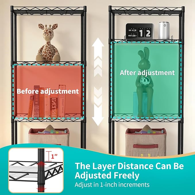 BestOffice | 4-Tier Wire Storage Shelves | 12"D x 18"W x 44"H | Black | with Adjustable Racks PP Liners | Compact Metal Shelf, Holds Upto 600 lbs | Ideal for Kitchens Closets Bathrooms Small Corners