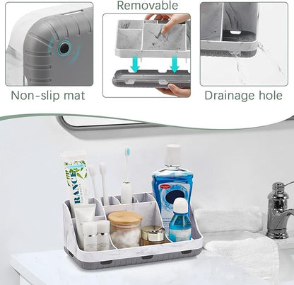 GFWARE Marble Bathroom Countertop Organizer - Detachable 7 Slots Kids Electric Toothbrush and Toothpaste Holde Drainage for Bathroom Accessories Organization Counter Vanity Storage, Grey