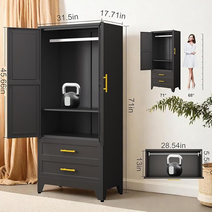 GAIOUS Metal Wardrobe Cabinet with 2 Drawers, 71" Clothing Storage Cabinets | with 2 Doors, 1 Adjustable Shelf, Steel Armoire Wardrobe Closet with Hanging Rod for Bedroom, Gym, Cloak Room (Black)