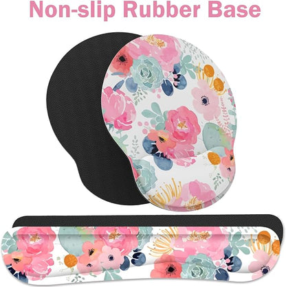 Ergonomic Mouse Pad with Wrist Rest and Keyboard Wrist Rest, Mousepad and Wrist Rest for Computer Keyboard, Pain Relief, Non-Slip Rubber Base, Mouse Pad Wrist Support for Gaming, Office, Pink Flower
