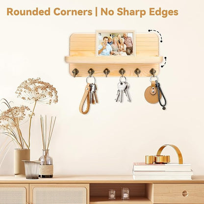 Key Holder for Wall, Mail Organizer Wall Mount with 6 Hooks Wooden Hanging Key Rack for Home Decor, Hallway, Entryway (Wood Color)