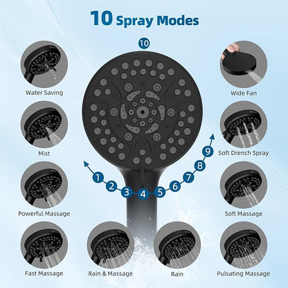 Hibbent All Metal cUPC Certified Shower Head, 8'' High Pressure Rain Shower Head, Handheld Showerhead Combo with 16'' Adjustable Extension Arm, 10 Sprays, 71'' Hose, Showerhead Holder, Matte Black