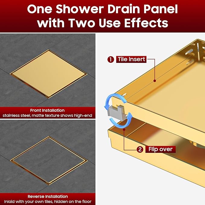 DLONE Square Shower Drain | 6 Inch Brushed Gold AISI 304 Stainless Steel Shower Drain with 2-in-1 Tile Insert Panel, Shower Floor Drain in Bathroom, Balcony etc