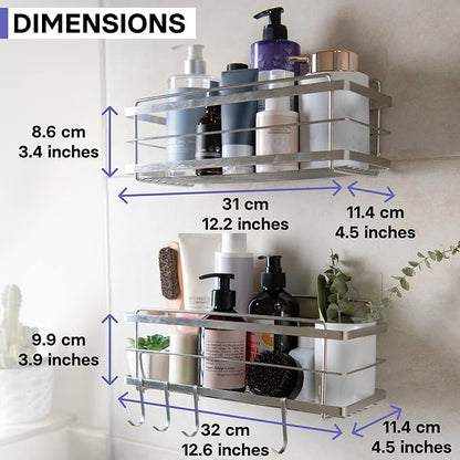 KINCMAX Shower Shelves 2-Pack - Self Adhesive Caddy with 4 Hooks - No Drill Large Capacity Stainless Steel Wall Shelf - Aesthetic Organizer for Inside Bathroom - Polished Silver