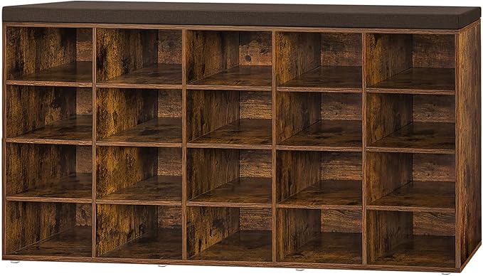 DINZI LVJ Shoe Storage Bench, 20-Cubby Shoe Rack Bench with Cushion, Fully Adjustable Shelves, Shoe Organizer for Closet, Entryway, Mudroom, Hallway and Garage, Rustic Brown
