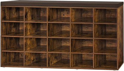 DINZI LVJ Shoe Storage Bench, 20-Cubby Shoe Rack Bench with Cushion, Fully Adjustable Shelves, Shoe Organizer for Closet, Entryway, Mudroom, Hallway and Garage, Rustic Brown