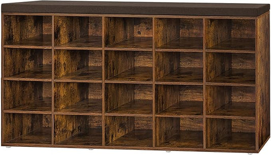 DINZI LVJ Shoe Storage Bench, 20-Cubby Shoe Rack Bench with Cushion, Fully Adjustable Shelves, Shoe Organizer for Closet, Entryway, Mudroom, Hallway and Garage, Rustic Brown