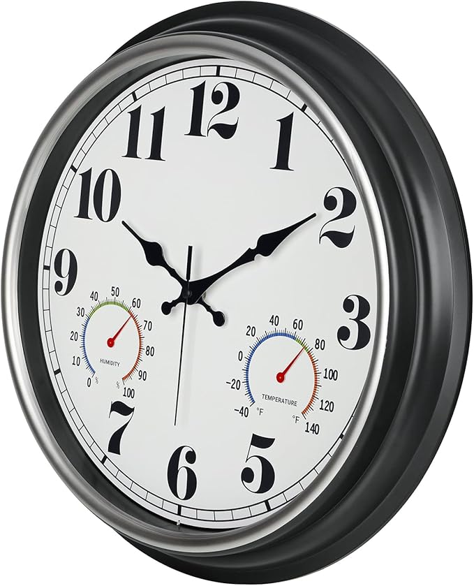 45MinST 16 Inch Silver Vintage Large Indoor/Outdoor Waterproof Wall Clock with Thermometer & Hygrometer, Silent Non-Ticking Quartz Timepiece for Home, Porch, Garden