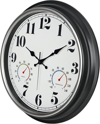 45MinST 16 Inch Silver Vintage Large Indoor/Outdoor Waterproof Wall Clock with Thermometer & Hygrometer, Silent Non-Ticking Quartz Timepiece for Home, Porch, Garden