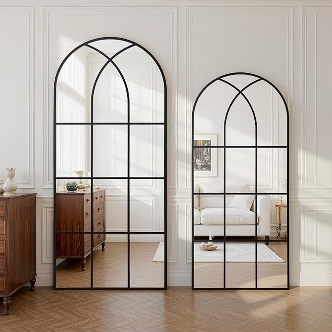 Arched Window pane Full Length Mirror 30"x71", Full Body Standing Mirror, Window Shaped Farmhouse Style with Aluminum Frame, Decor Wall Mirrors for Living Room, Courtyard, Bedroom, Entryway, Black
