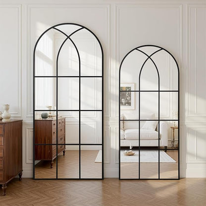 Arched Window pane Full Length Mirror 30"x71", Full Body Standing Mirror, Window Shaped Farmhouse Style with Aluminum Frame, Decor Wall Mirrors for Living Room, Courtyard, Bedroom, Entryway, Black