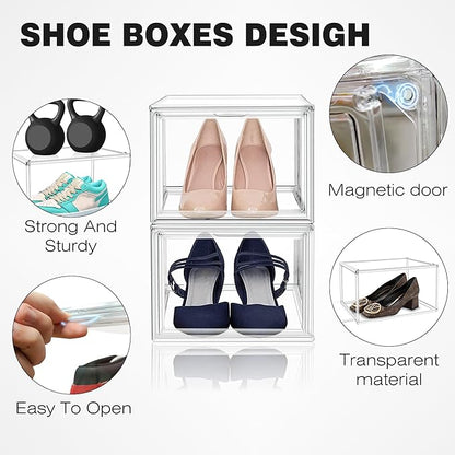 2 Pack Drop Front Acrylic Shoe Boxes with Magnetic Door Fit US Size 12, Clear Stackable Shoe Organizer for Closet, Entryway, Underbed, Multiple Display Cases for Hats, Figures, Sneakers