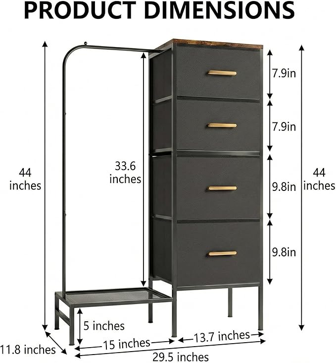 Dresser with Hanging Rack & CFR Certification, Reversible Black Dresser for Bedroom, Kids Chest of Fabric Drawers with Clothes Rack, Small Closet Organizer with Drawers, 44''H