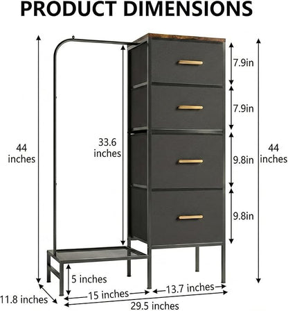 Dresser with Hanging Rack & CFR Certification, Reversible Black Dresser for Bedroom, Kids Chest of Fabric Drawers with Clothes Rack, Small Closet Organizer with Drawers, 44''H