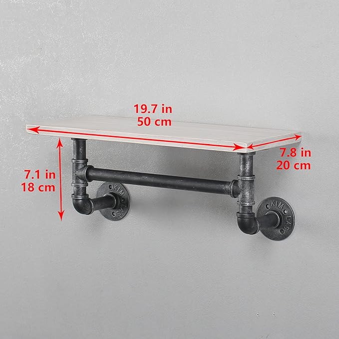 Industrial Pipe Shelf Bathroom Shelves Wall Mounted,19.6in Rustic Wood Shelf with Towel Bar,1 Tier Farmhouse Towel Rack Over Toilet,Pipe Shelving Floating Shelves Towel Holder,Retro White