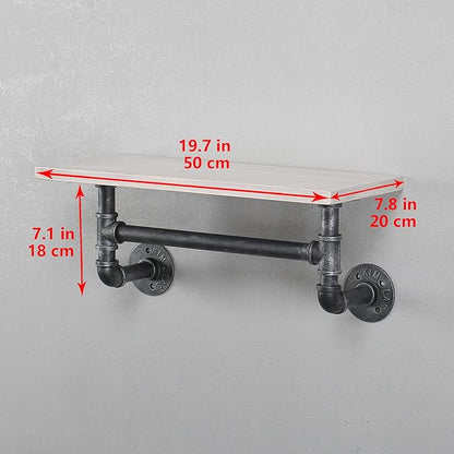 Industrial Pipe Shelf Bathroom Shelves Wall Mounted,19.6in Rustic Wood Shelf with Towel Bar,1 Tier Farmhouse Towel Rack Over Toilet,Pipe Shelving Floating Shelves Towel Holder,Retro White