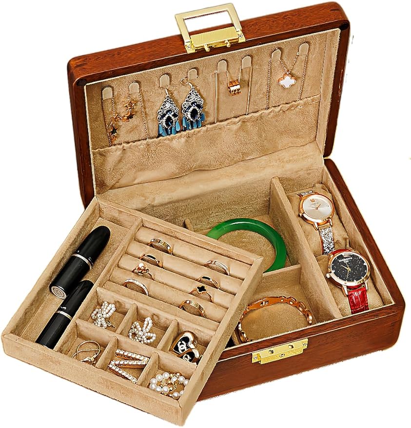 Solid Walnut Wood Jewelry Organizer Box with Lock,2-Layer Vintage Jewelry Box for Men Women, Velvet-Lined Storage for Earrings Rings Necklaces Bracelets Watches Perfect Father Day Gift Khaki