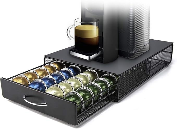 HiveNets Nespresso Vertuoline Capsule Storage Drawer Vertuo Coffee Holder Metal Multiple Flavors Pods Organizer 40 Pcs Capacity