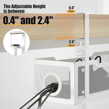 4 Pack Under Desk Cable Management Box White, Cinati 53.6" Wire Organizers No Drill, Cord Organization Tray with Clamp for Office, Home - No Damage to Desk