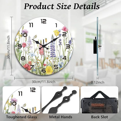peacoblue Wall Clocks Battery Operated 12 Inch Wildflowers Glass Round Wall Clock Non Ticking for Kitchen Living Room Dining Room Bedroom and Bathroom Decor Accessories (Battery not Included)