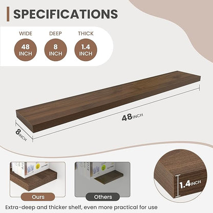Acovy 48 Inch Floating Shelves, 8 Inch Deep Floating Shelves for Wall, Hanging Shelf with Invisible Brackets, Deep Shelves for Bathroom, Bedroom, Living Room, Walnut, Set of 1