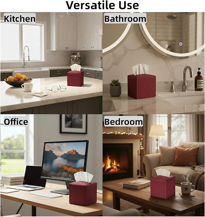 Tissue Box Cover 2-Pack, Square Tissue Holder with Bottom Belt, Modern Tissue Case Facial Paper Organizer Dispenser for Bathroom, Office, Home, Table, Car, Red, Linen Pattern