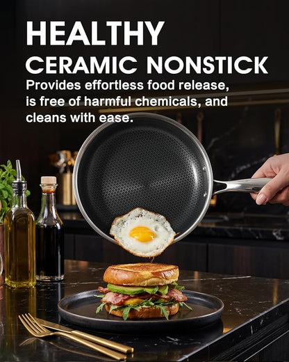 Non Stick 8 Inch Frying Pan with Lid, Hybrid Nonstick Stainless Steel Skillet Pan with Stay-cooling Handle, PFOA Free Non Toxic Dishwash & Oven Safe Kithchen Cookware Set Compatible All Cooktops