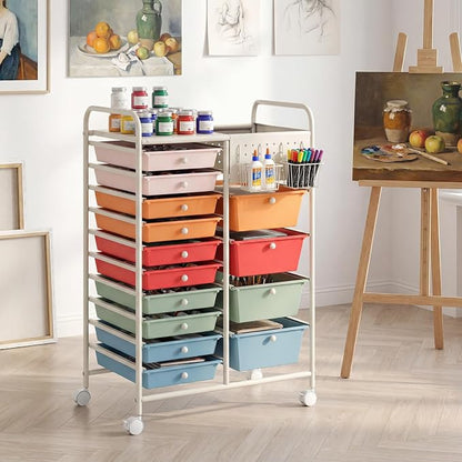 GOFLAME 14-Drawer Rolling Storage Cart with Pegboard, Craft Storage Cart with Lockable Wheels and Metal Frame, Art Cart Supply Storage Organizer for Home Office Classroom, Macaron Color
