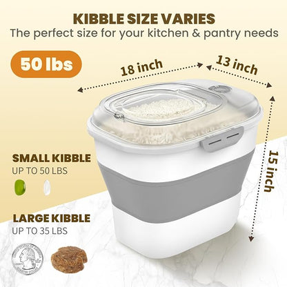 20-50Lbs Rice Container,Collapsible Food Storage Containers with Clear Airtight Lid,Wheels,Date Track,Rice Storage Container with 2PCS Containers and Scoop for Flour Sugar Cereal Grain Dog Cat
