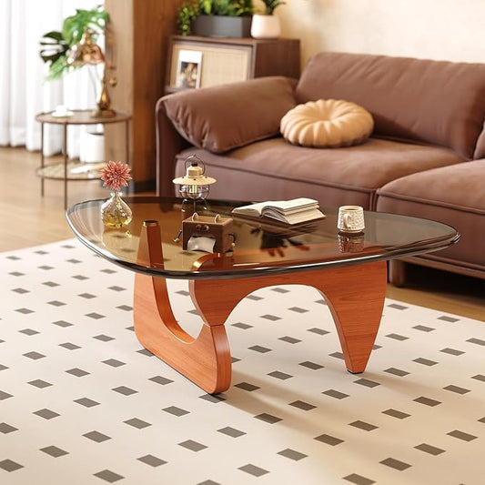 Coffee Table for Living Room Mid Century Modern Center Small Table with Glass Top and Wood, Walnut Brown(36 Inch)