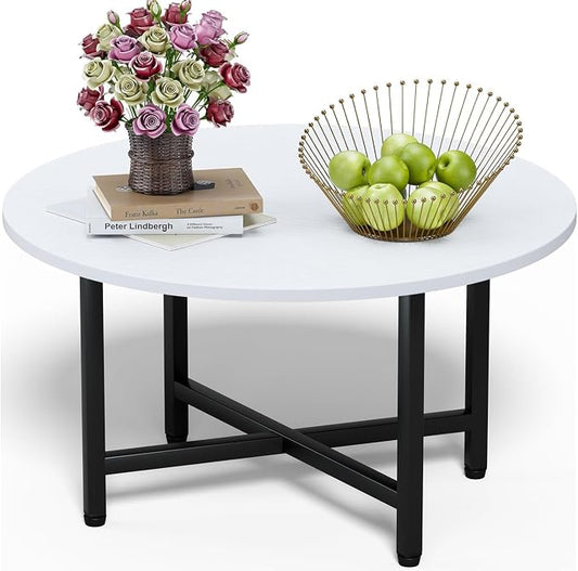 FAMIDGE Coffee Table, 23.6" Coffee Tables for Living Room, Round Coffee Table with Metal Frame, Floor Table for Sitting on The Floor, Home, Office, White