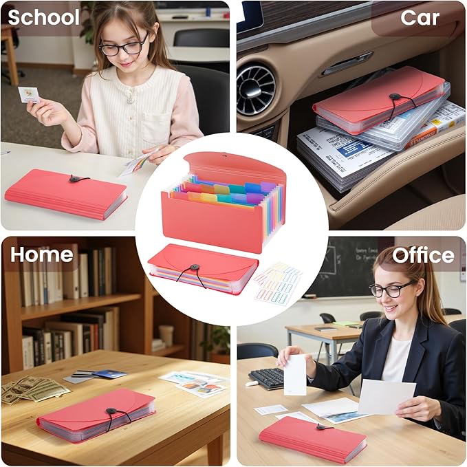 13 Pocket A6 Receipt Organizer, 2 Pack Small Accordion File Organizer, Coupon Organizer with Labels - Pink