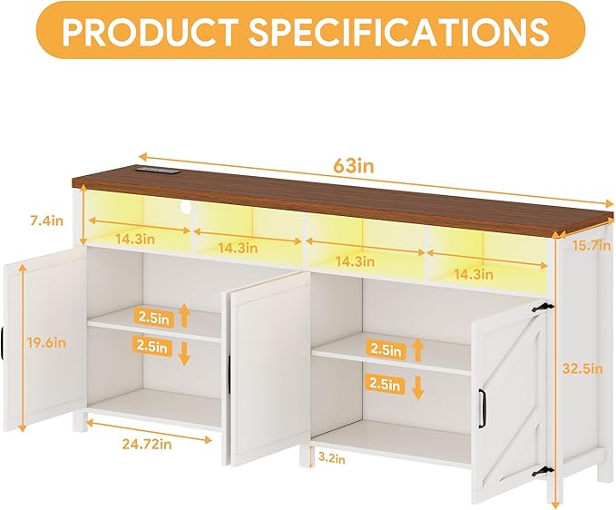 63'' Buffet Sideboard with Storage with Power Outlets & LED Light 4 Doors, Large Farmhouse Kitchen Storage Cabinet Wood Coffee Bar Cabinet Buffet Table for Kitchen, Dining Room, Entryway