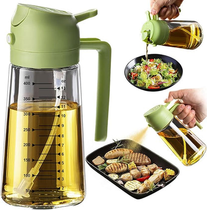 TrendPlain 16oz/470ml Glass Olive Oil Sprayer for Cooking – 2 in 1 Olive Oil Dispenser Bottle for Kitchen Gadgets and Air Fryer Accessories, Salad, BBQ - Green