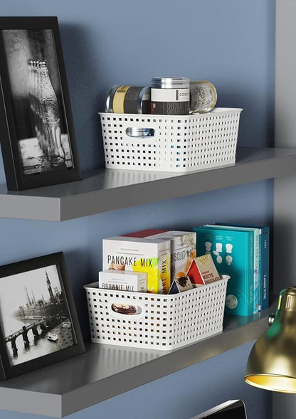 WYT Woven Plastic Storage Baskets, 6 Pack White Weave Bins Organizer, 10.1" x 7.55" x 4.1"