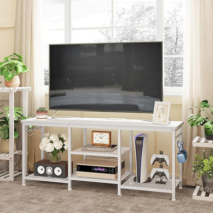 YGEOMER White TV Stand for Up to 50 Inch Tvs, Entertainment Center with Power Outlet and Open Storage Shelves, TV Console Table for Living Room Bedroom