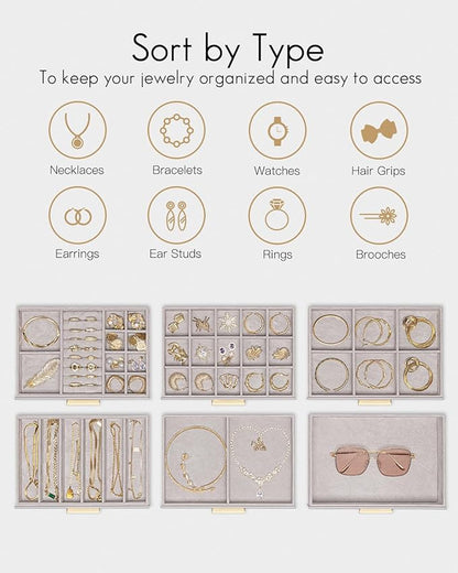 Vlando 6 Layer Jewelry Box for Women, Glass Lid Jewelry Organizer with 6 Drawers for Necklaces Rings Earrings Bracelets - Grey